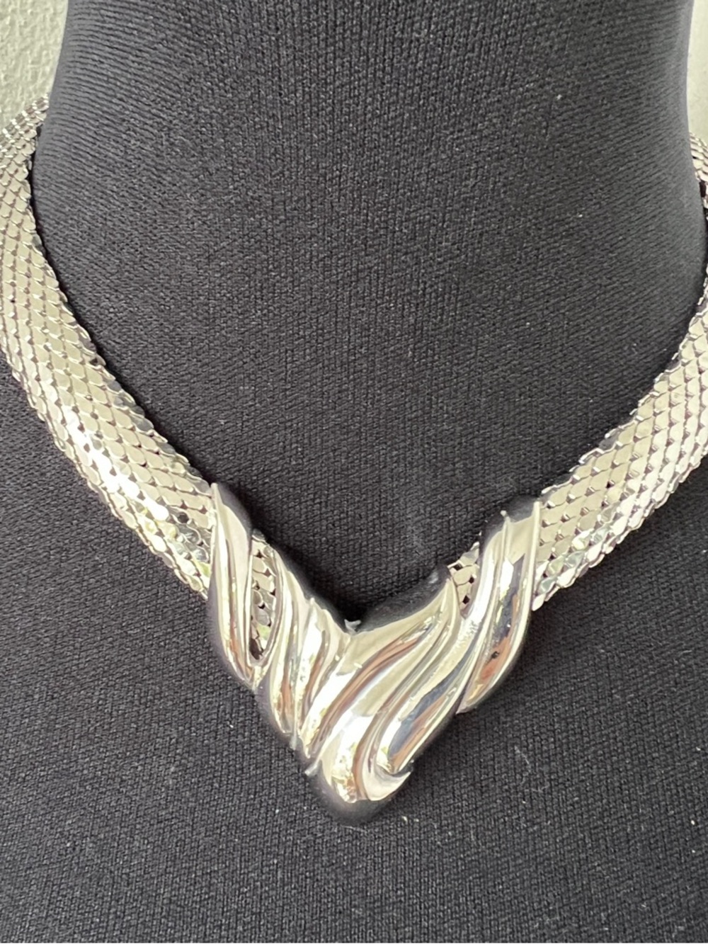 Whiting & Davis Silver Snake Mesh Sculpted V-Shaped Collar Necklace